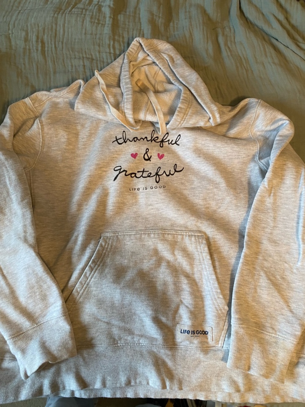 Life Is Good Light Gray Sweatshirt with Blue Logo Patch